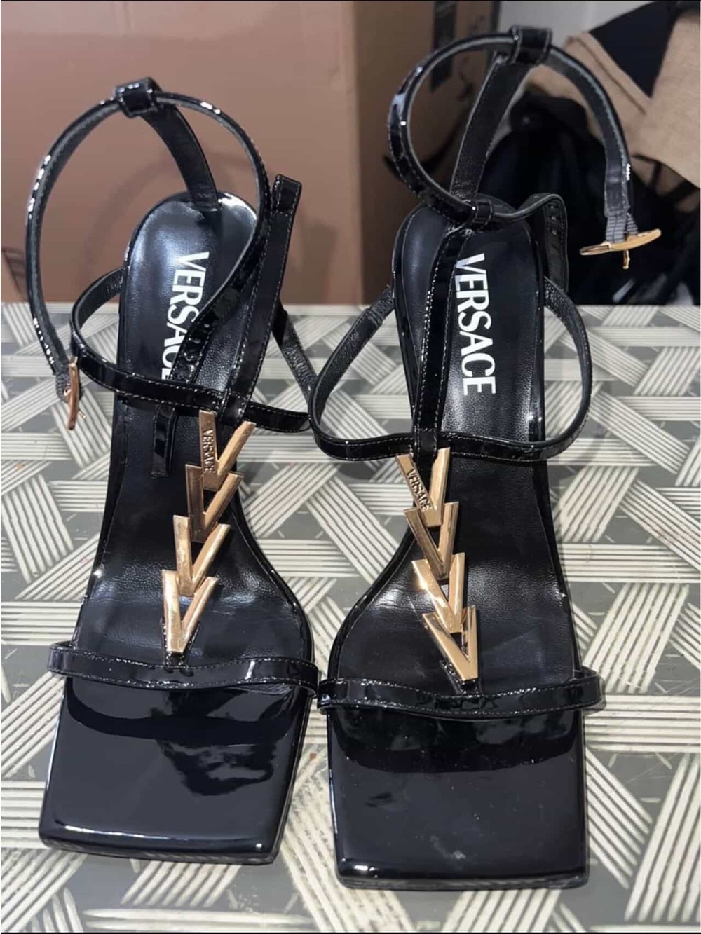 Versace Black Patent Leather T-Strap Sandals with Gold V-Logo